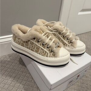 Brand New Walk’N’Dior Beige Fur-Lined Platform Sneakers